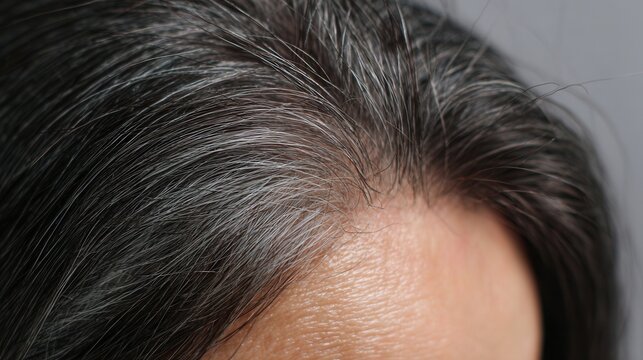 a very close up, top down view of dark brown hair with numerous strands of gray hair visible, particularly around a subtle part or cowlick towards the upper middle of the frame.
