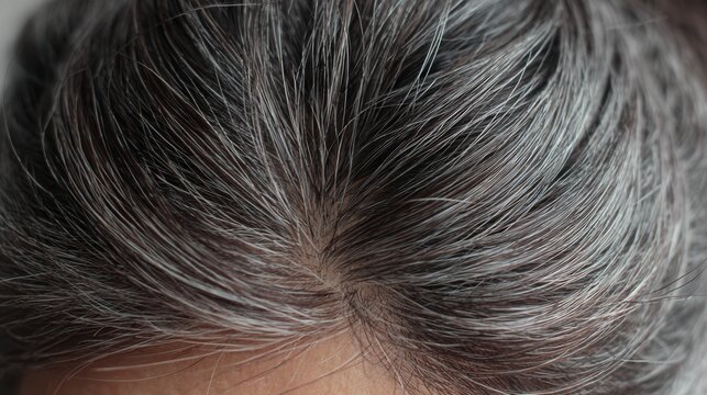 a very close up, top down view of dark brown hair with numerous strands of gray hair visible, particularly around a subtle part or cowlick towards the upper middle of the frame. 