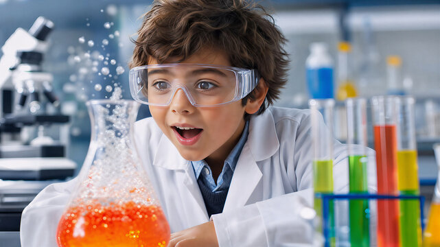 Excited young boy scientist conducting science experiment in a chemistry laboratory