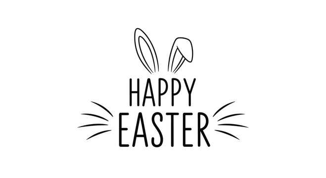Minimalist Happy Easter greeting design with black line art of bunny ears and whiskers on a clean white background.