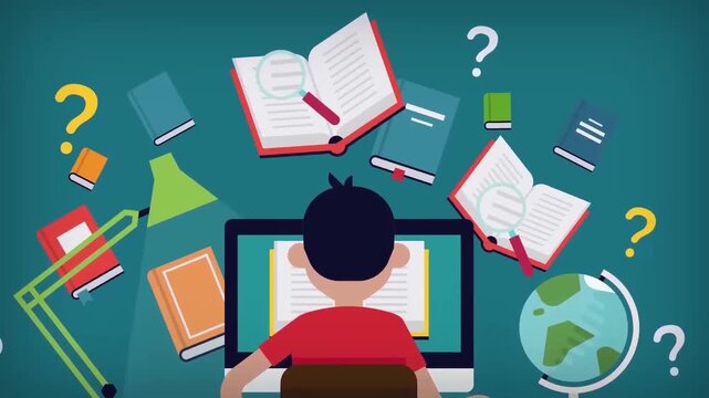 Boy Student Studying at Desk Confused by Floating Books and Question Marks Animation