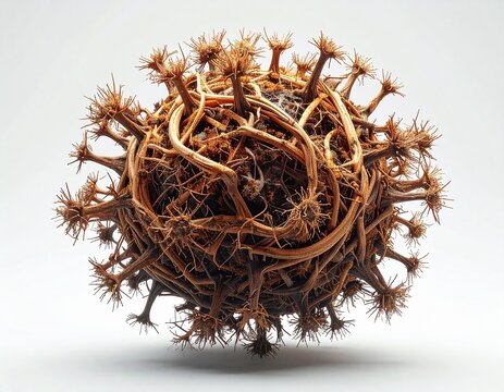 Floating desiccated dead root and thorny twig virus cell isolated on white.