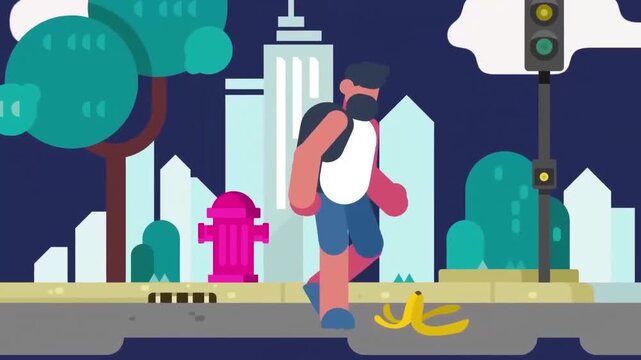 Man Walking at Night in the City and About to Slip on a Banana Peel Animation