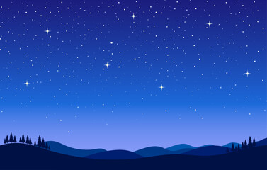Fototapeta premium Fantasy-style background illustration featuring a starry sky and mountain range at night | Night sky, mountains, forest, stars, natural scenery