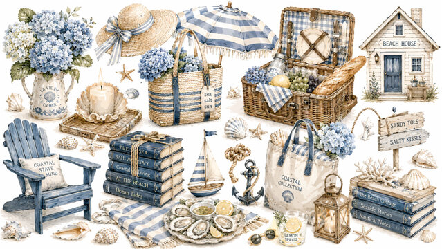 Cute Watercolor Vintage Coastal Cottage Beach Picnic Clipart Set Featuring Wicker Picnic Basket Stacks of Books Fresh Oysters and Blue Hydrangeas for Seaside Branding and Sticker Designs