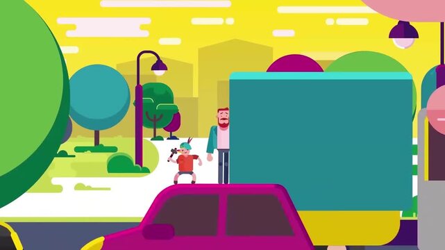 Happy Family Walking Together in a Vibrant Colorful City Public Park Animation