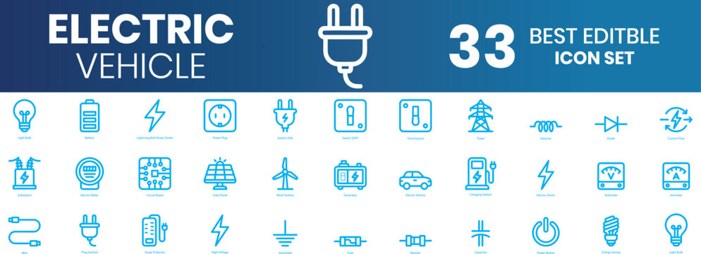 Electric vehicle 33 icon set.Car service and electric vehicle line icon set featuring driver, insurance, EV charging, fuel pump, charging station and car repair. editable stroke vector set. profession