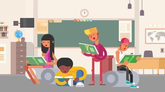 Diverse Elementary Students Studying and Learning in Creative Classroom Animation