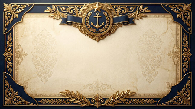 Elegant nautical certificate border mockup with gold anchor navy blue frame and laurel wreath