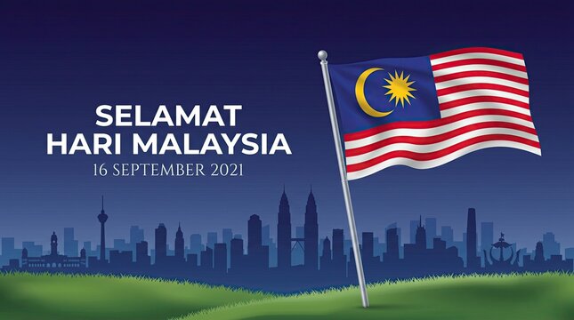 Malaysia flag waving in front of city skyline at night with text selamat hari malaysia