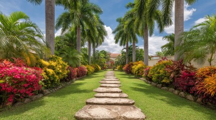 Fototapeta premium Lush Tropical Garden Pathway with Colorful Flowers and Tall Palm Trees Under a Bright Blue Sky in a Serene Landscape Setting