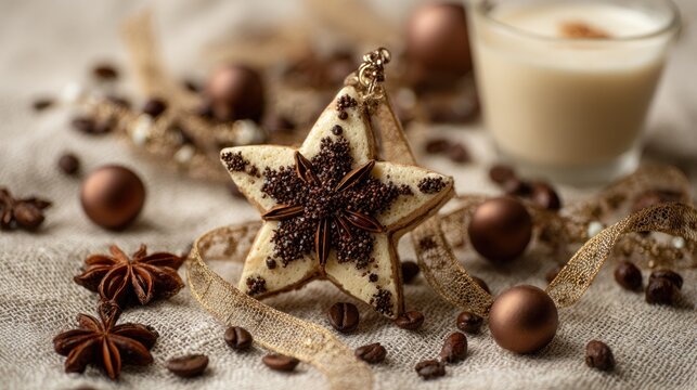 Decorated star cookie with coffee beans and drink on textured surface