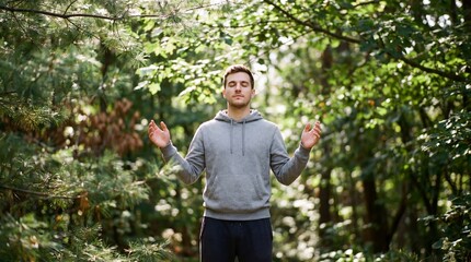 Fototapeta premium Relaxed man in gray hoodie stands with eyes closed and arms raised in sunlit green forest, practicing meditation and mindful breathing for calm, focus, and nature connection