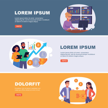 Crypto Banners. Vector finance banners with traders coins charts and bitcoin wallet scenes in modern flat style illustration set