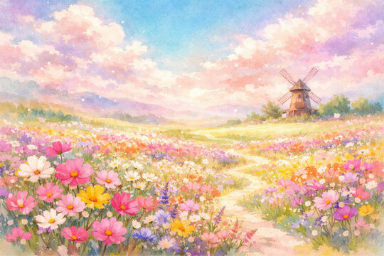 Watercolor landscape with windmill and colorful wildflower meadow