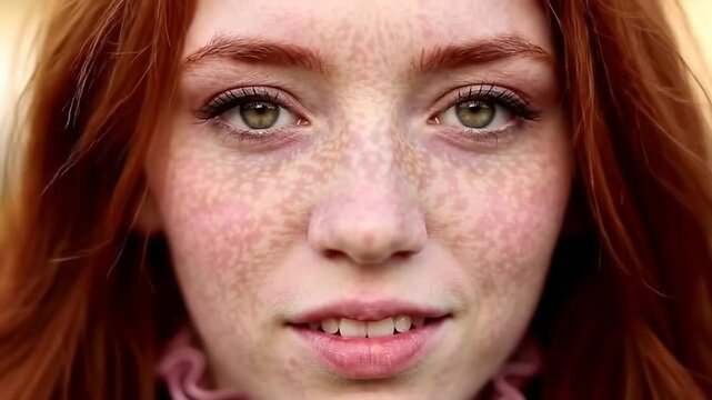 Extreme close up of a young redhead woman's face showing natural freckles and green eyes.