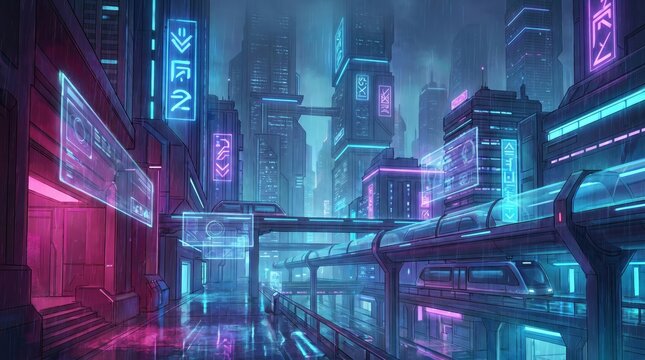 Anime inspired futuristic megacity with towering neon skyscrapers, reflective rainy streets and holographic interfaces in a cinematic cyberpunk atmosphere