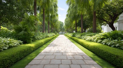 Obraz premium Tranquil Pathway Surrounded by Lush Greenery and Palm Trees in a Serene Landscape Setting, Perfect for Nature Lovers and Garden Enthusiasts