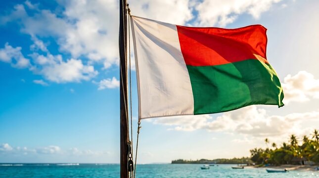 Madagascar national flag on flagpole against tropical coastal background and blue sky under sunlight