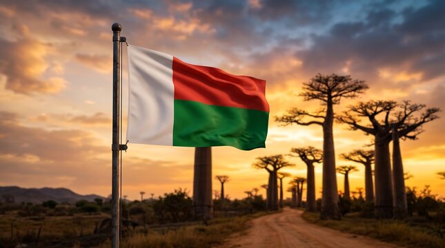 Madagascar national flag waving on metal pole against sunset sky and baobab trees in Morondava