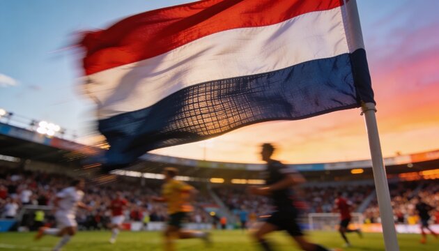 Dutch Flag Waving at Football Stadium: A vibrant Dutch flag flutters in the wind above a bustling football stadium during a sunset match, symbolizing national pride and the passion of the sport.