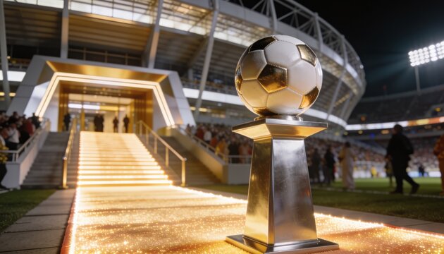 Grand Soccer Stadium Trophy: A gleaming soccer ball sits atop a pedestal on a golden path leading to a grand stadium entrance, illuminated by the night.