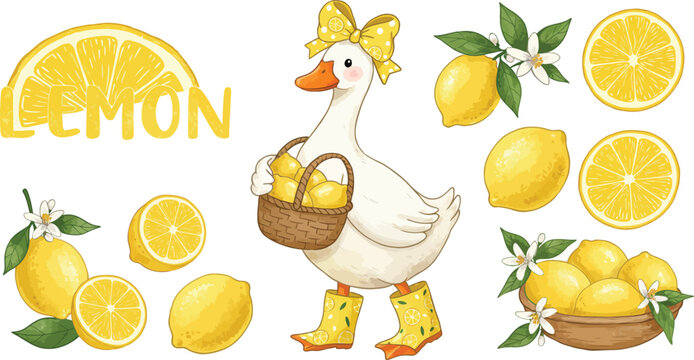 Cute watercolor goose wearing yellow boots and holding a basket of fresh lemons with citrus fruit slices collection