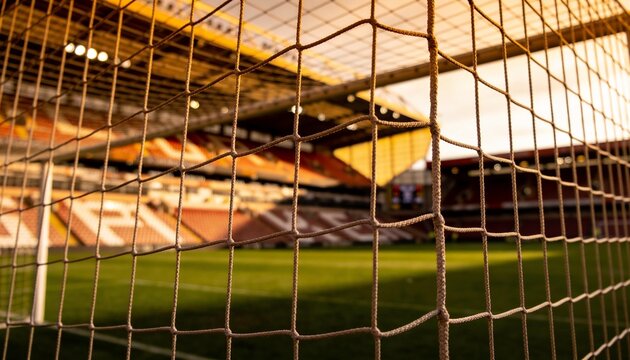 Soccer Goal Net at Stadium: A close-up view of a soccer goal net with a stadium in the background, bathed in the warm light of the setting sun.