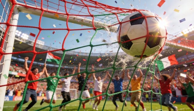 Goal! A soccer ball sails into the net amidst a shower of confetti and cheering fans, capturing the exhilarating moment of victory on a sunlit stadium field.