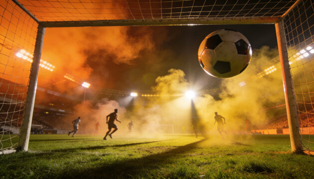 Soccer Goal Moment: A dynamic soccer match unfolds under stadium lights, with a ball soaring towards the goal amidst dramatic smoke and cheering crowds, capturing the intensity of the game.