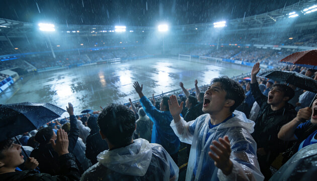 Rainy Football Spectacle: A stadium packed with fervent football fans, undeterred by the pouring rain, cheer enthusiastically for their team under the bright stadium lights.