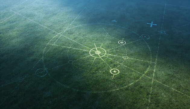 Abstract Blueprint in Green Field: A surreal aerial view reveals intricate geometric patterns and celestial map-like designs etched onto a grassy field, evoking mystery and scientific exploration.