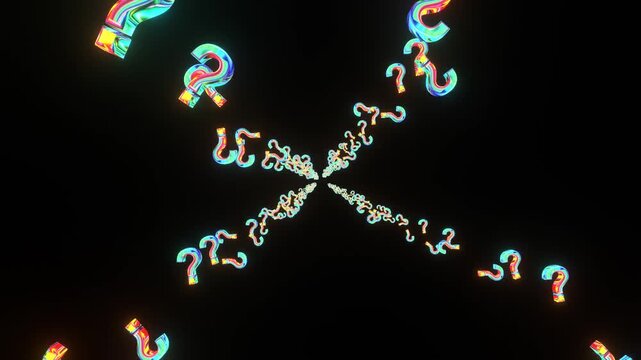 10 seconds seamless looping space flypast of multicolor question marks at four corners on black background animation screensaver hd-video