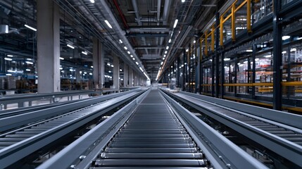 Fototapeta premium An empty structured industrial corridor featuring a complex system of metal beams and architectural framework