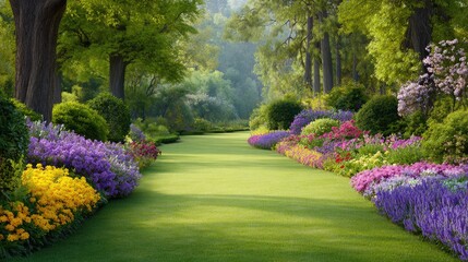 Obraz premium Lush Vibrant Garden Pathway Surrounded by Colorful Flowers and Greenery in a Serene Natural Setting Perfect for Outdoor Relaxation and Enjoyment