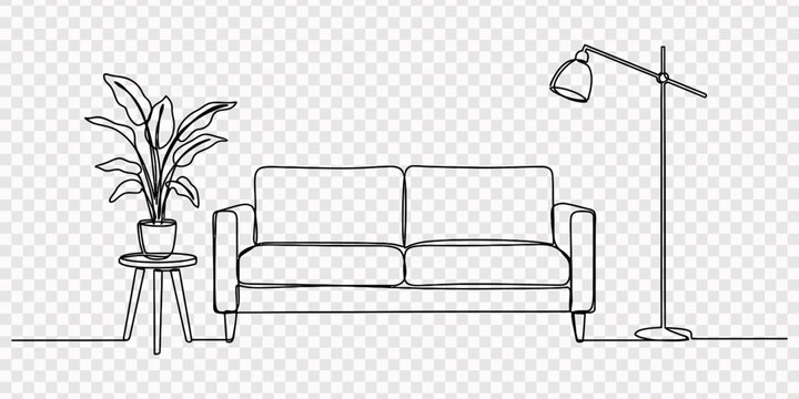 interior design of living room, Living room in continuous line art drawing style. Modern living room interior with sofa, floor lamp and pot flower. Home furniture black linear design isolated on white