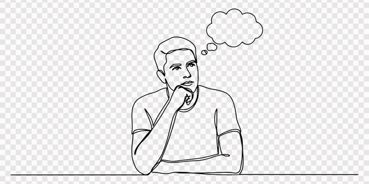 people thingking speech bubble continuous one line drawing, Thingking man gesture continuous line art. Man thingking idea one line drawing. Idea, solution and decision concept vector