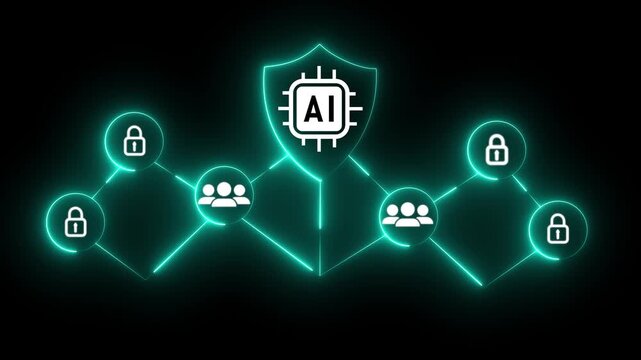 Glowing neon Conceptual of AI concept security with interconnected users and digital locks, emphasizing cybersecurity measures.Glowing zero trust concept and 4k motion graphics video ..