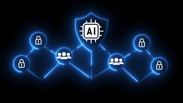 Glowing neon Conceptual of AI concept security with interconnected users and digital locks, emphasizing cybersecurity measures.Glowing zero trust concept and 4k motion graphics video ..