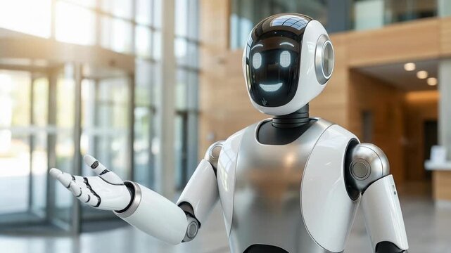 The friendly robot stands with raised arms concept. Friendly humanoid robot with digital face smiling and gesturing inside modern office building