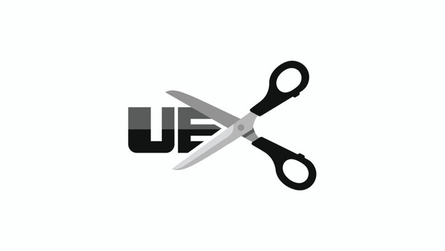 Minimalist graphic design of scissors cutting the letters UE in a conceptual creative style