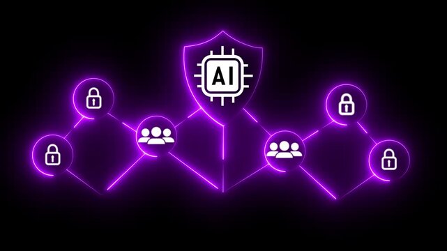 Glowing neon Conceptual of AI concept security with interconnected users and digital locks, emphasizing cybersecurity measures.Glowing zero trust concept and 4k motion graphics video ..
