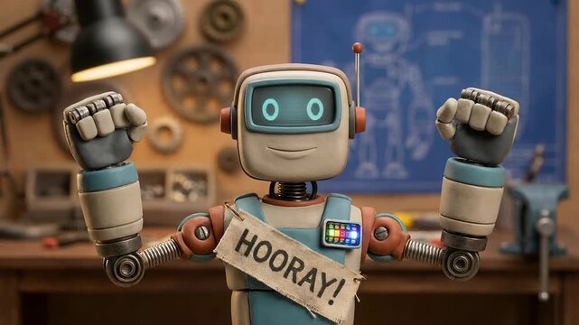 The friendly robot stands with raised arms concept. Happy robot celebrating success with raised fists in a workshop with gears and blueprints in the background
