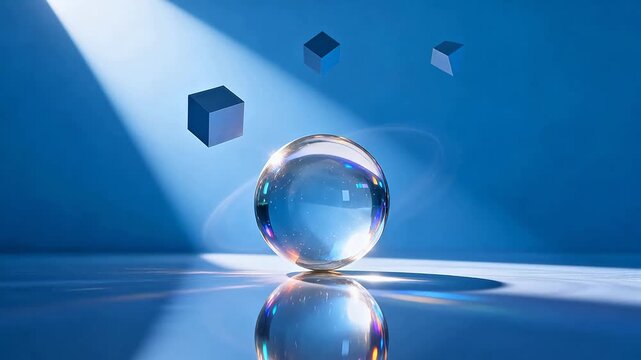 Transparent crystal sphere with floating cubes on reflective blue surface