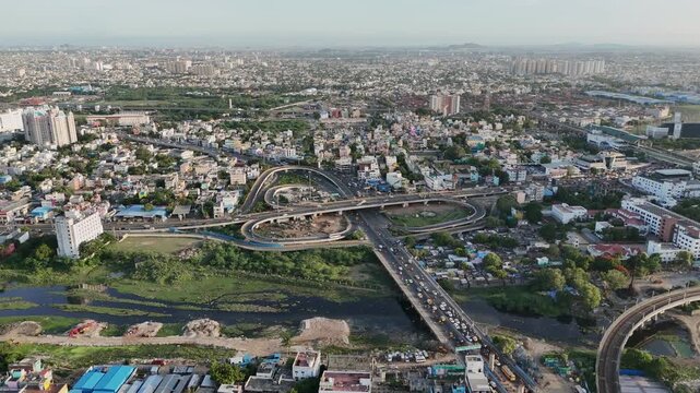 Aerial Shot of Anna Nagar Flyover and Urban Traffic in Chennai Tamil Nadu India