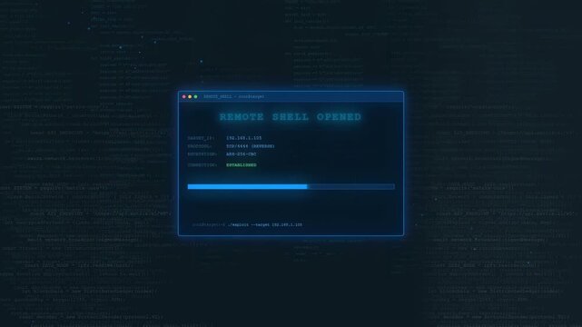 Digital hacking interface with remote shell access and scrolling computer code on dark blue background