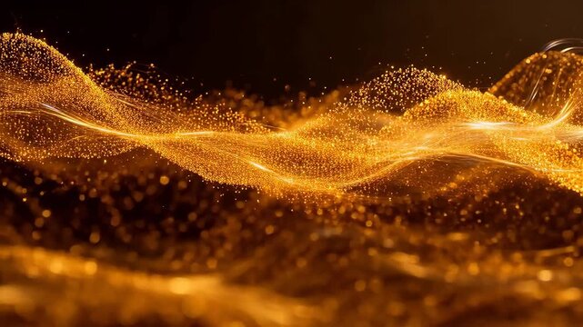 Golden wave light ribbons with sparkling particles flowing in dark space