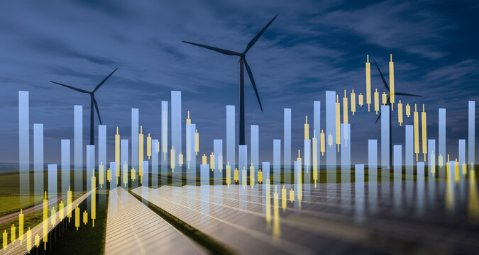 Wind turbines overlapping financial candlestick chart pattern energy renewable solar