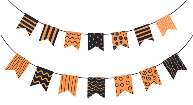 Festive Halloween bunting banner featuring orange and black flags with various patterns like stripes, waves, and dots.