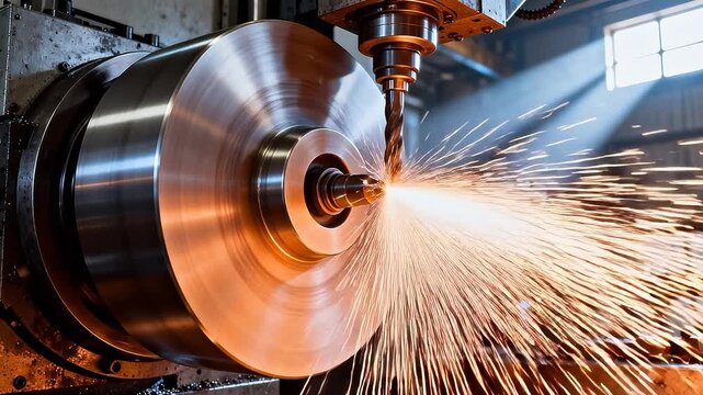 Large circular metal workpiece being machined with orange cutting sparks in industrial workshop